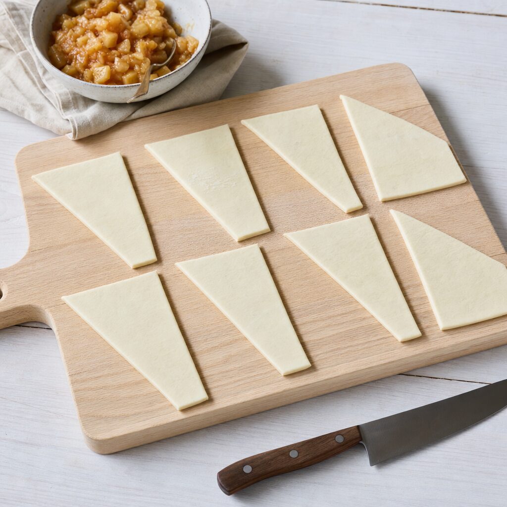 Butterdejsplader skæres diagonalt til trekanter til æbleturnovers i min airfryer