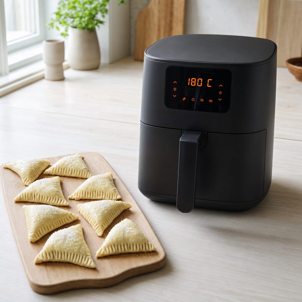 Airfryer forvarmes til 180 grader klar til æbleturnovers i min airfryer