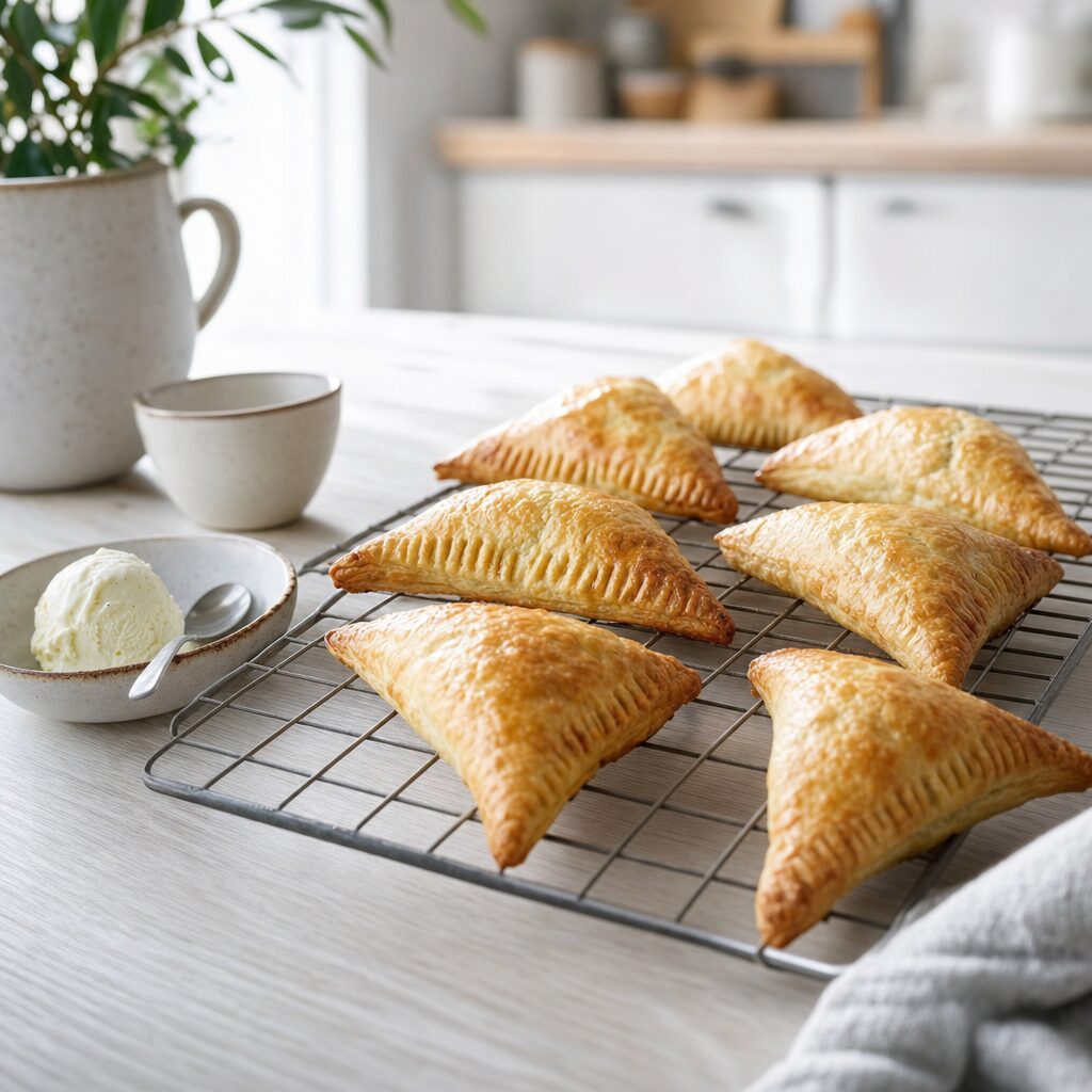 Æbleturnovers hviler på rist og serveres lune efter bagning i min airfryer