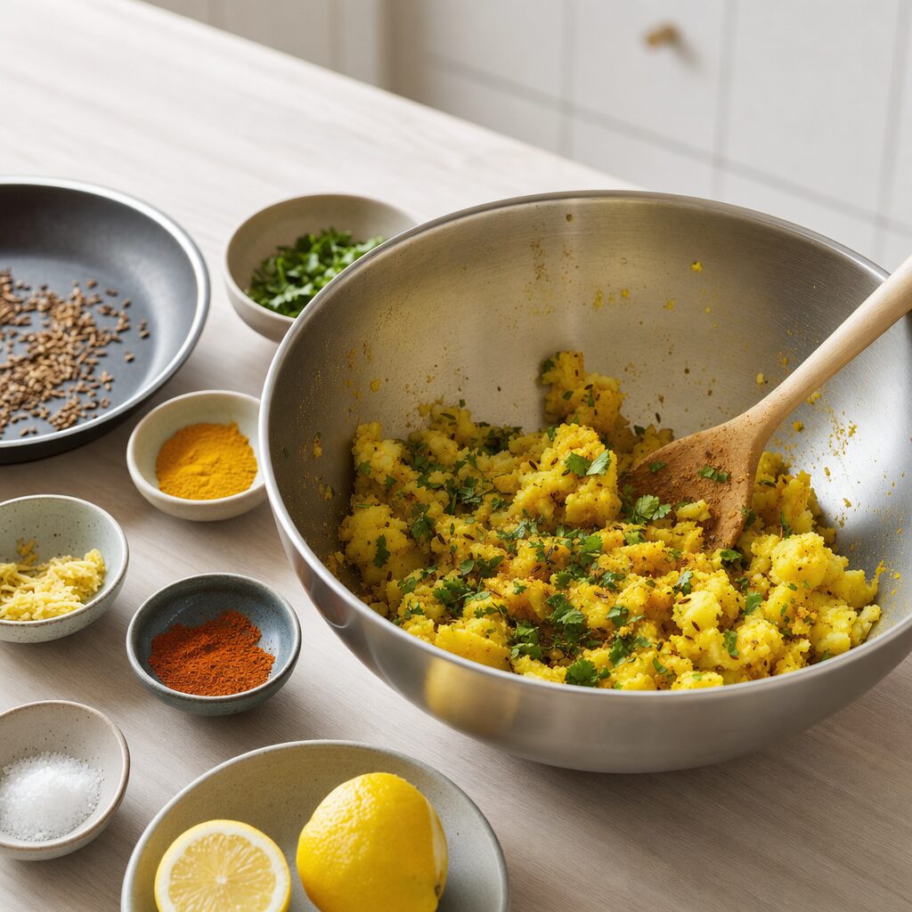 Kartoffelfyld blandes med spidskommen gurkemeje garam masala chili ingefær koriander salt og citron til Aloo Paratha i min airfryer opskrift