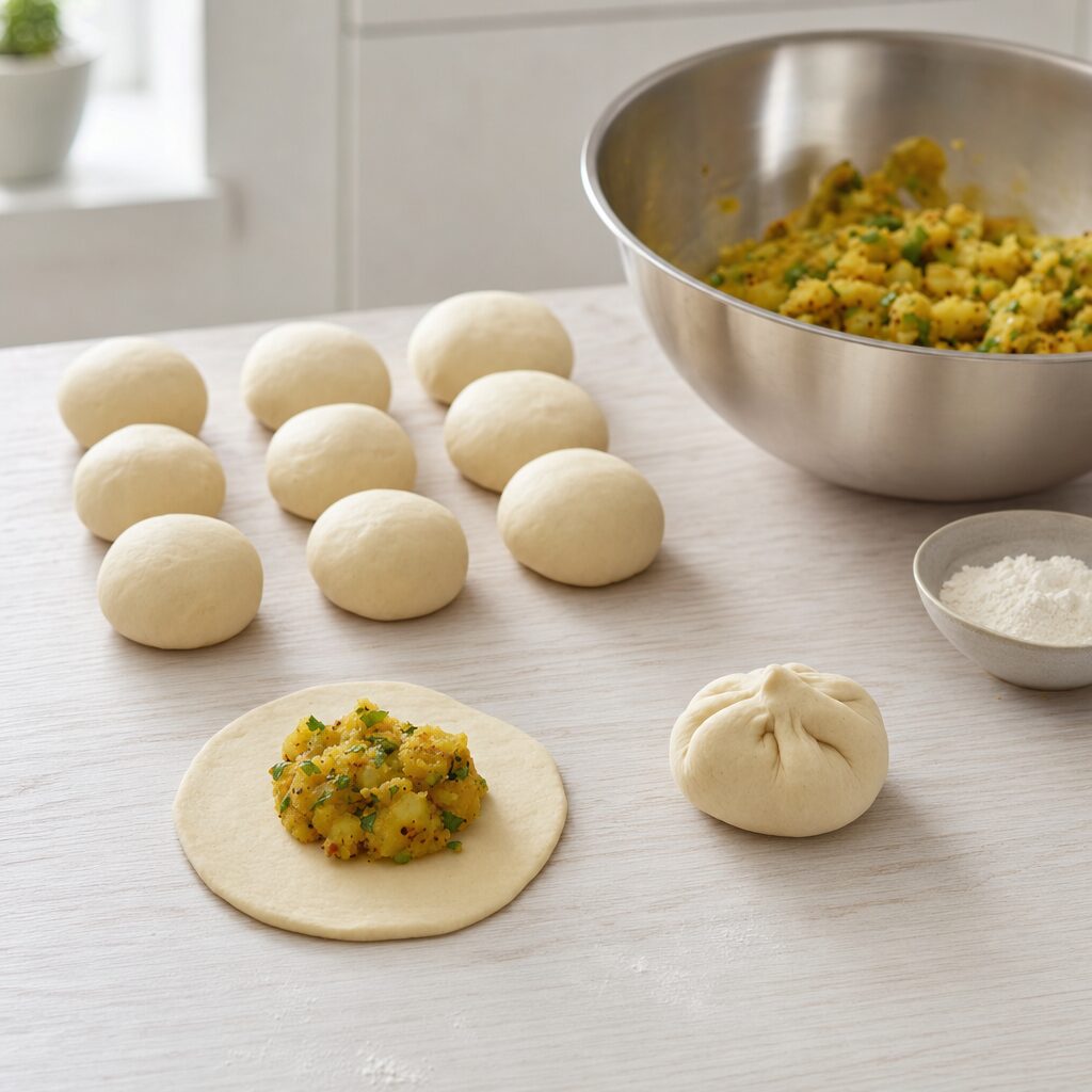 Dejkugler fyldes med krydret kartoffelfyld til Aloo Paratha i min airfryer opskrift