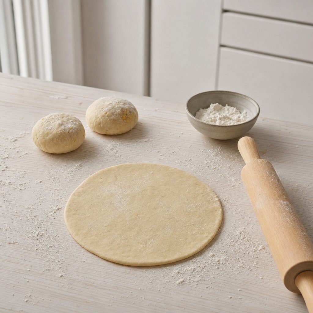 Fyldte dejkugler vendes i mel og rulles ud til flade Aloo Paratha i min airfryer opskrift
