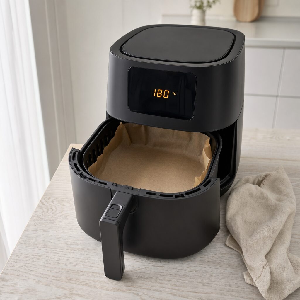 Airfryer forvarmes til 180 grader med bagepapir klar til Aloo Paratha i min airfryer opskrift