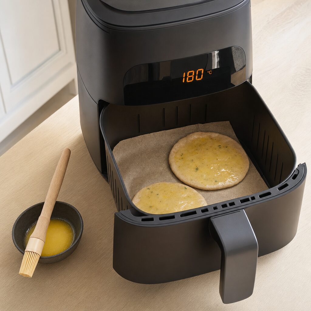 Parathaer pensles med ghee og lægges i airfryer kurven til Aloo Paratha i min airfryer opskrift