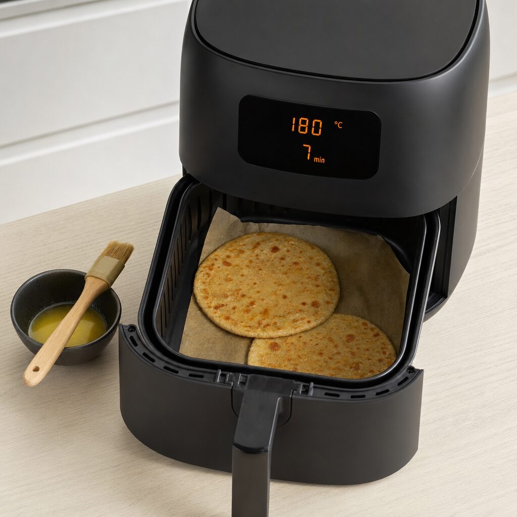 Aloo Paratha vendes og pensles med mere ghee under tilberedning i min airfryer opskrift