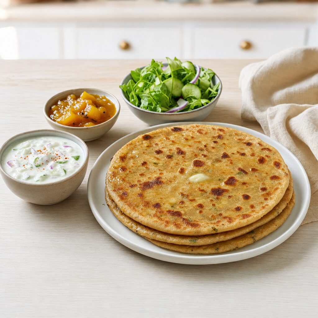 Varme Aloo Paratha serveres med yoghurt raita mango chutney og grøn salat i min airfryer opskrift