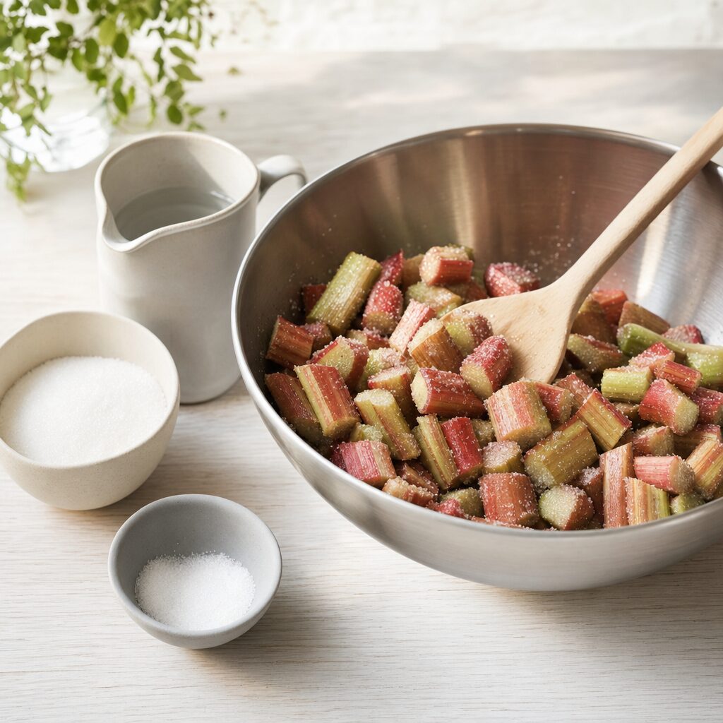 Rabarberstykker vendt med sukker vaniljesukker og lidt vand klar til bagte rabarber i min airfryer