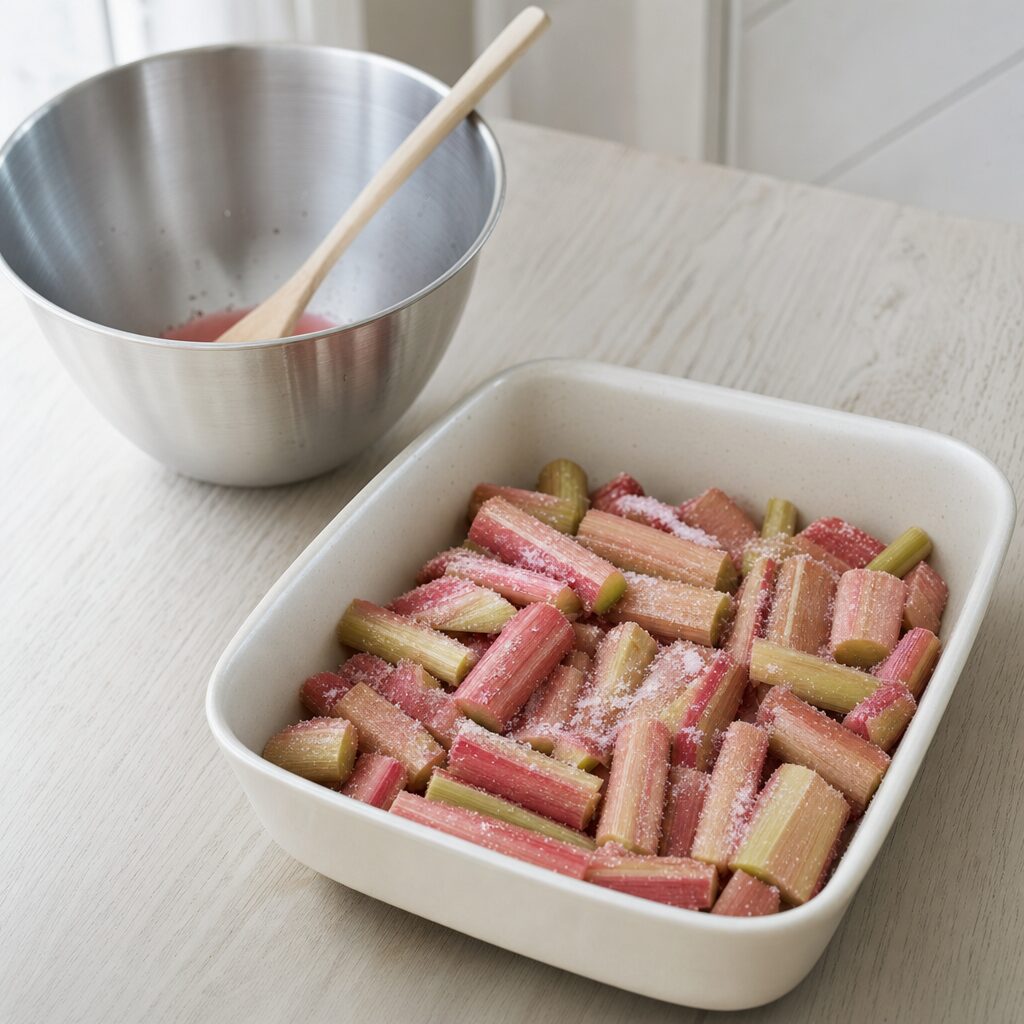 Rabarberstykker fordelt i et ovnfast fad klar til bagning i min airfryer
