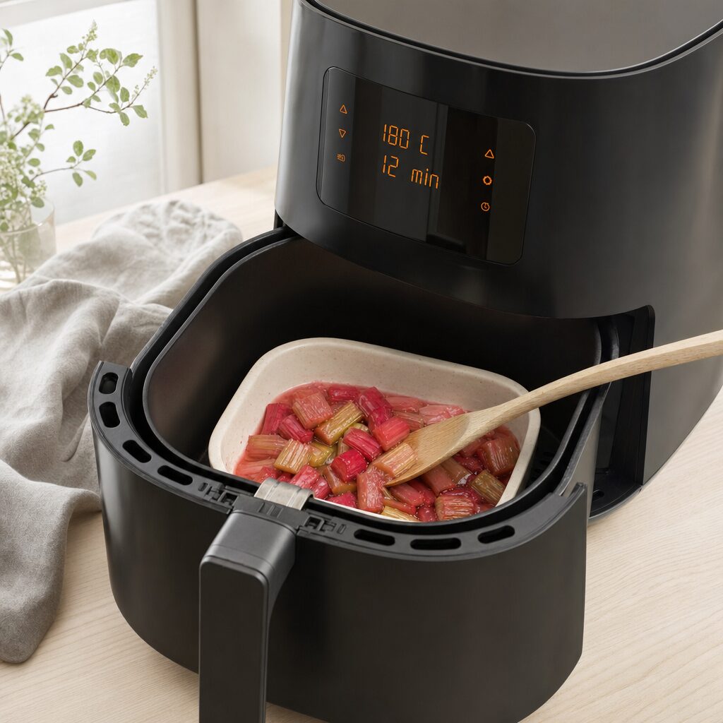 Rabarber vendes forsigtigt halvvejs under bagning i min airfryer