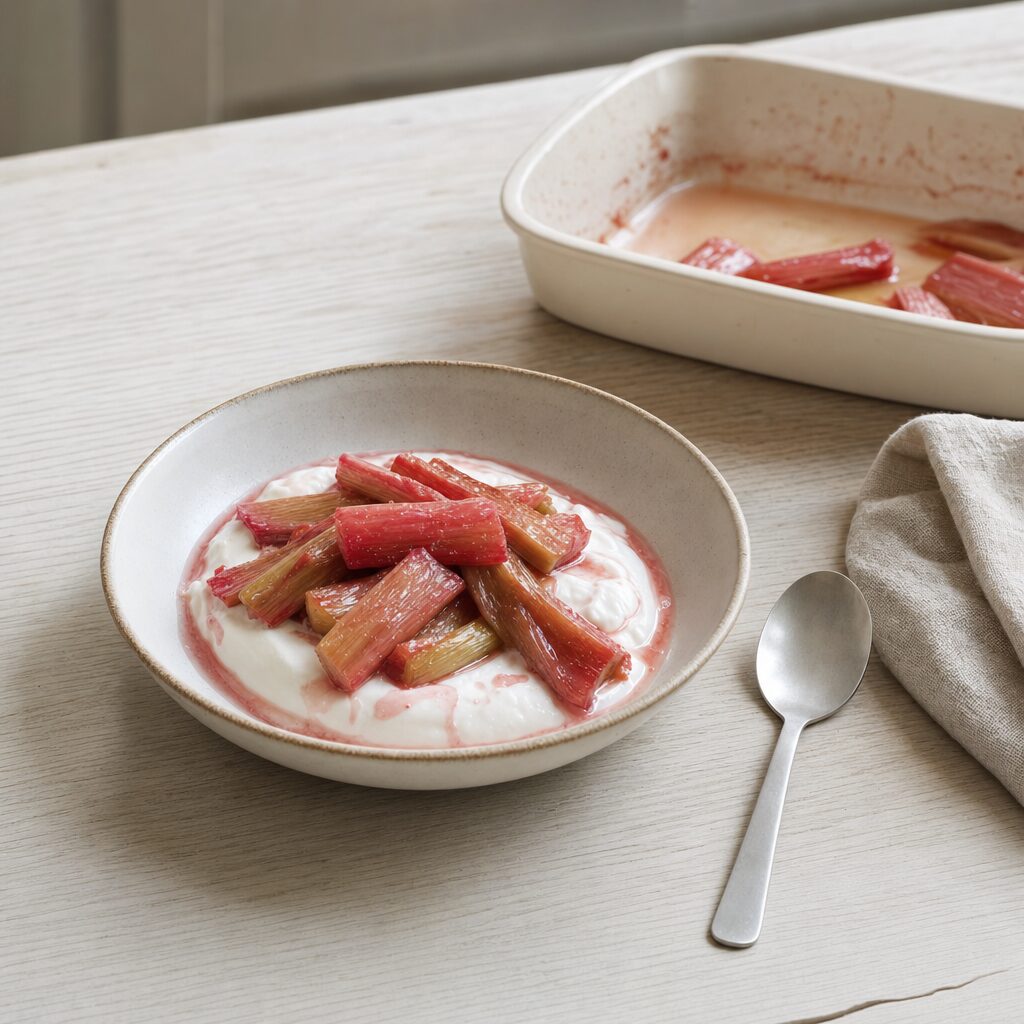 Bagte rabarber serveret med yoghurt som morgenmad eller dessert efter tilberedning i min airfryer