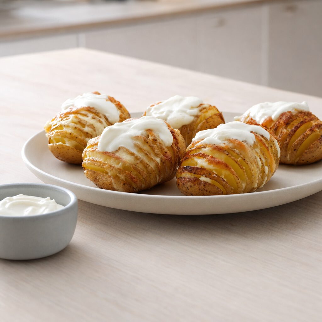 Bagte kartofler toppes med cremefraiche mellem snittene til bloomin potato i min airfryer