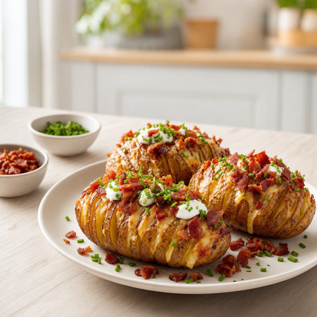 Bloomin potato toppes med sprød bacon og frisk purløg mens osten stadig er smeltet i min airfryer opskrift
