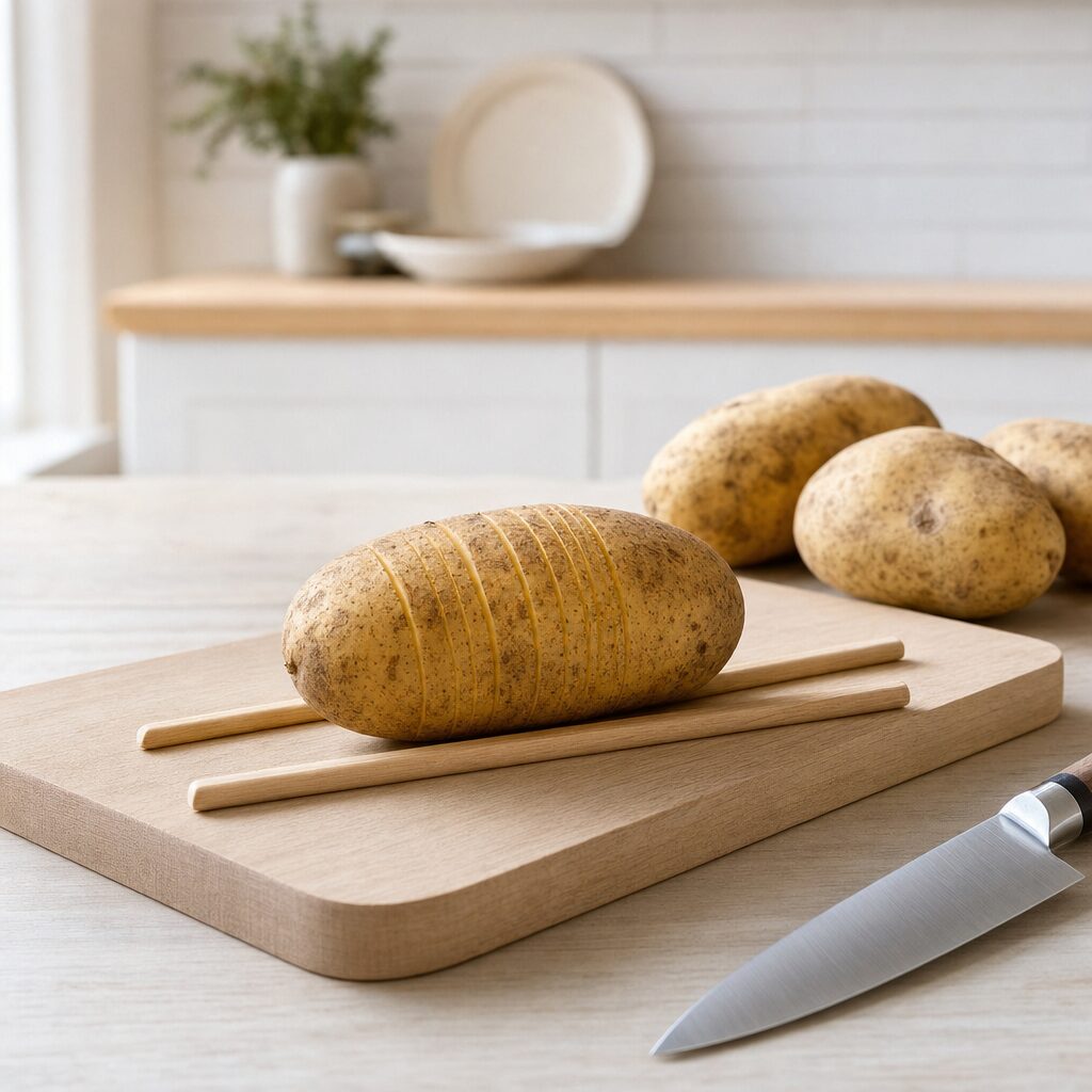 Bagekartofler snittes tæt mellem to spisepinde så de holder sammen i bunden til bloomin potato i min airfryer