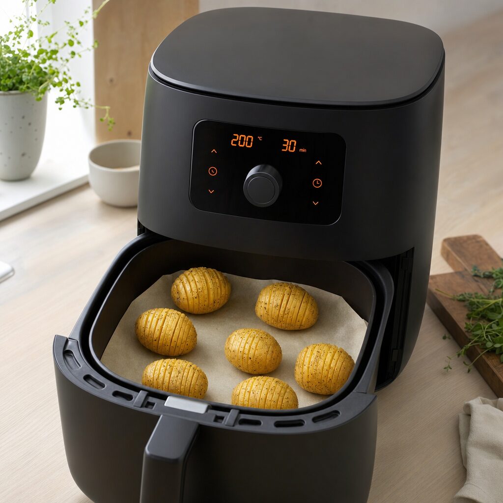 Kartofler med snit placeres i airfryer kurven med god afstand klar til bagning i min airfryer