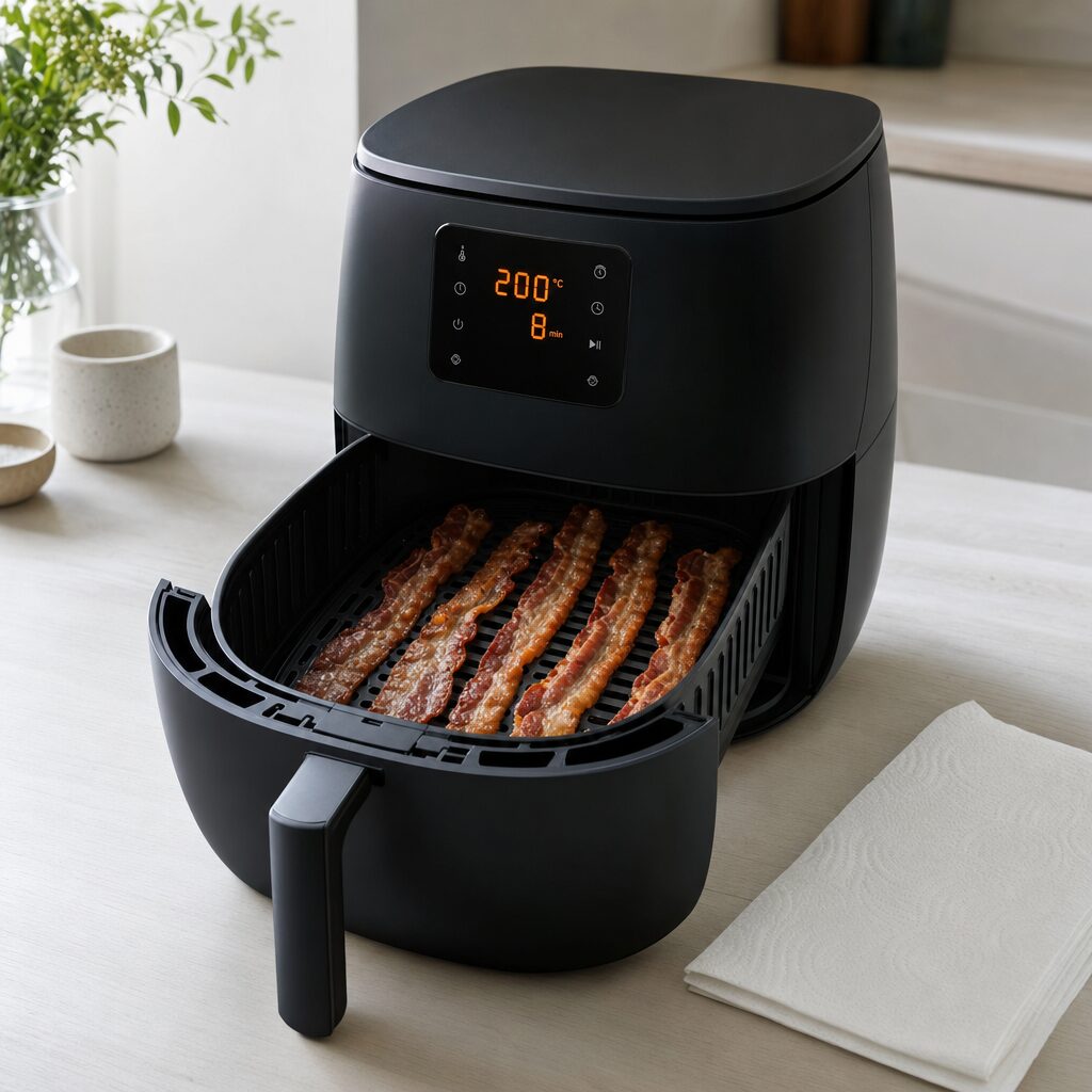 Bacon lægges i enkelt lag i airfryer kurven og steges sprødt til bloomin potato i min airfryer