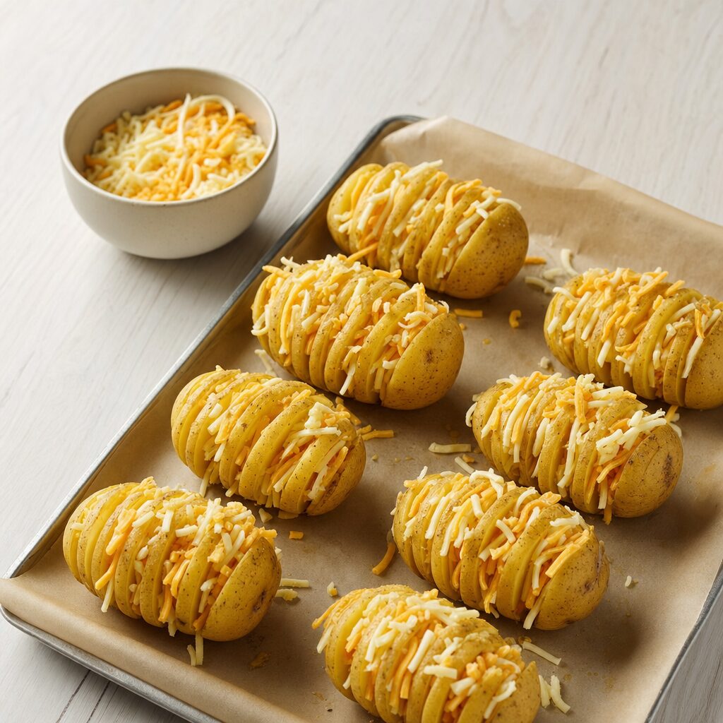 Mozzarella og cheddar fordeles mellem snittene på bagte kartofler til bloomin potato i min airfryer