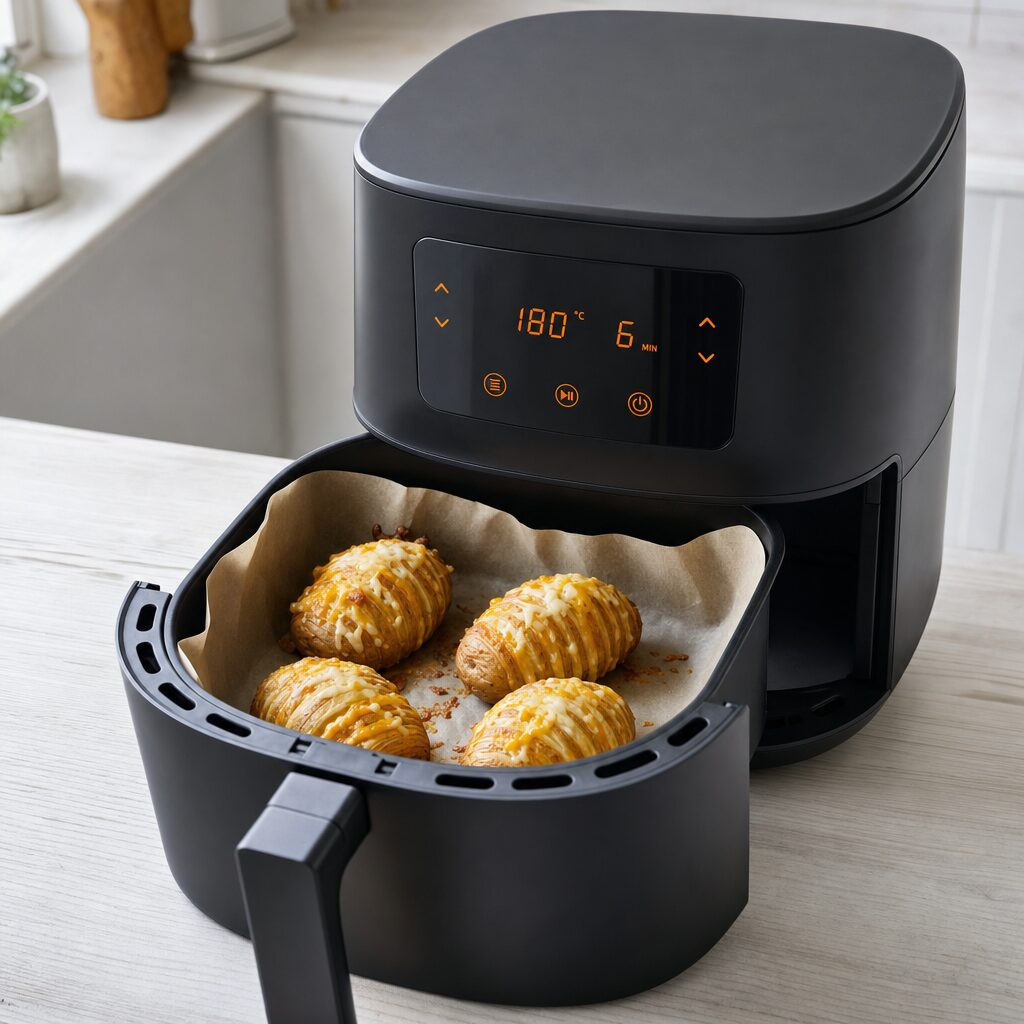 Bagte kartofler med mozzarella og cheddar sættes tilbage i airfryer så osten smelter i min airfryer