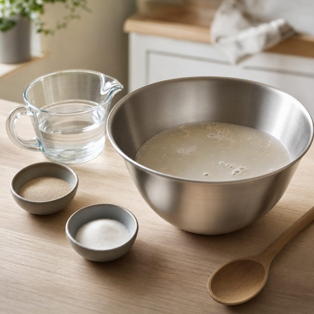 Tørgær og sukker opløses i lunkent vand til brezel dej i min airfryer opskrift