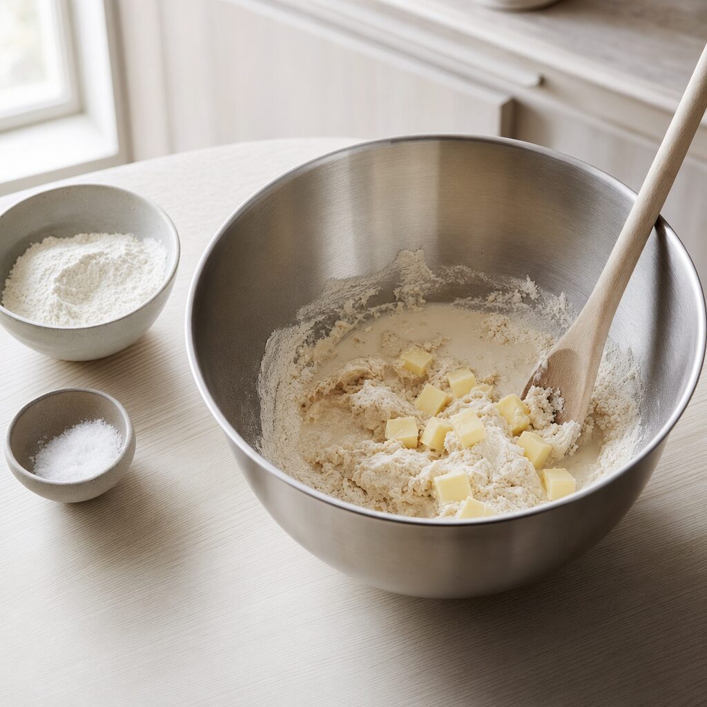 Hvedemel salt gærblanding og smør blandes til brezel dej i min airfryer opskrift