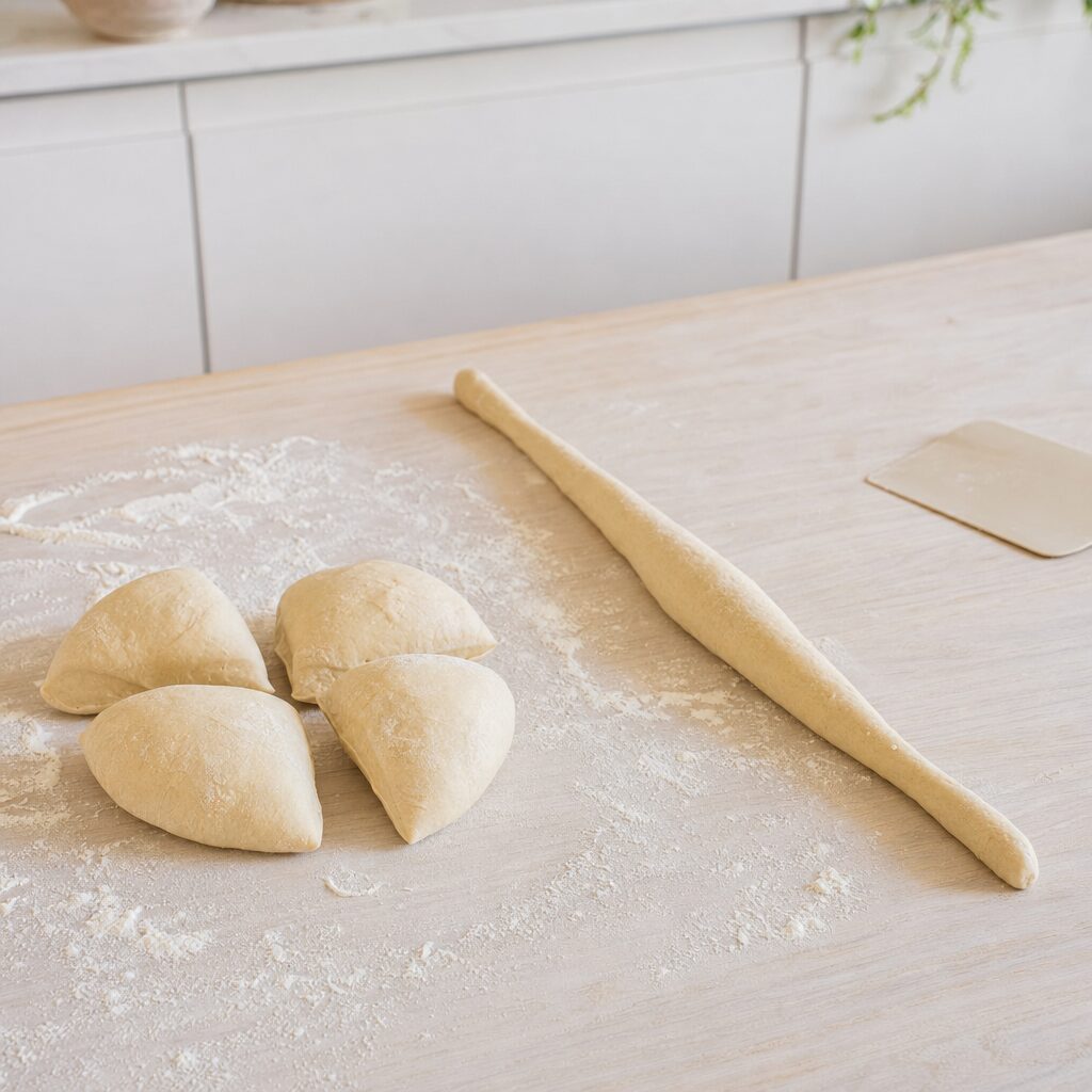 Hævet dej deles og rulles til lange pølser til brezel i min airfryer opskrift