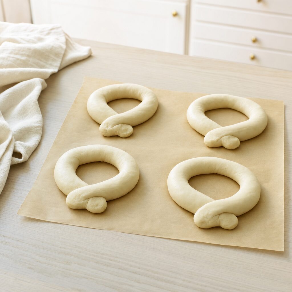 Brezel dej formes og lægges på bagepapir til efterhævning i min airfryer opskrift