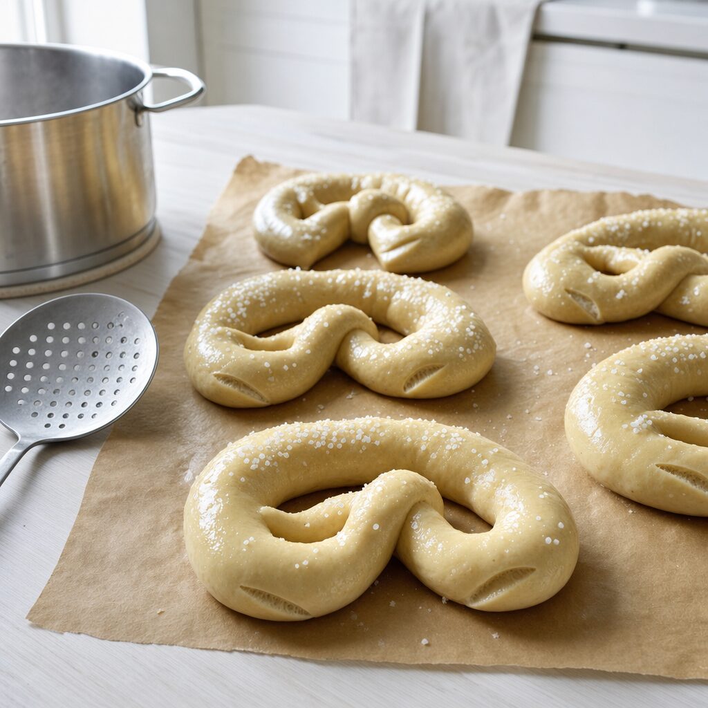 Brezler dyppes i natronvand drysses med groft salt og snittes til min airfryer opskrift