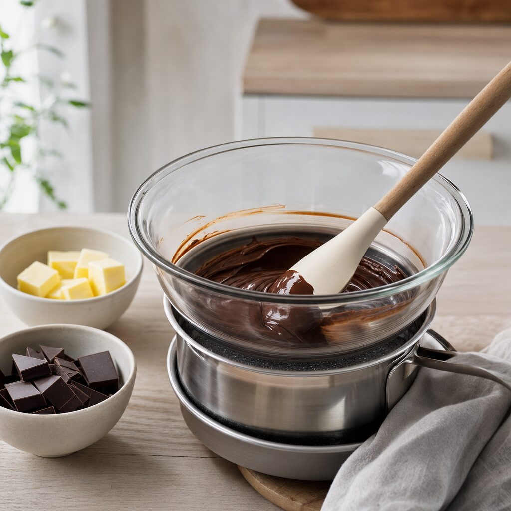 Smør og mørk chokolade smeltes sammen til brownie issandwich i min airfryer opskrift