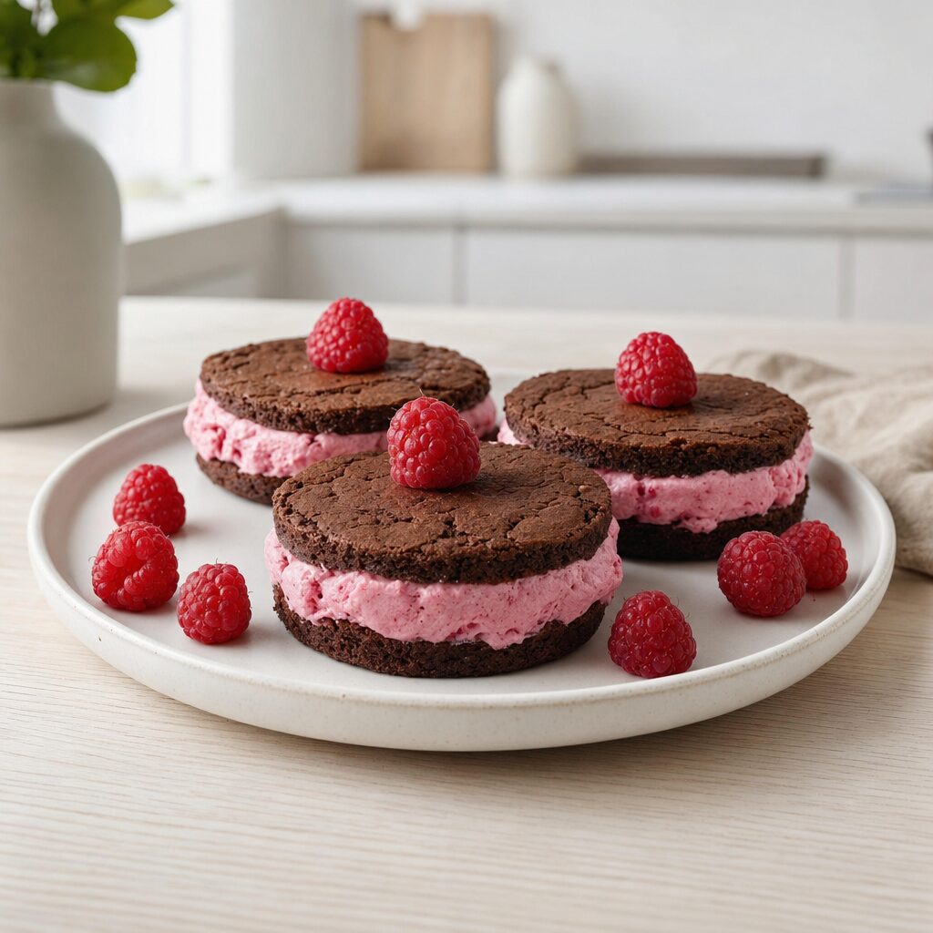Brownie issandwich pyntes med friske hindbær og serveres straks i min airfryer opskrift