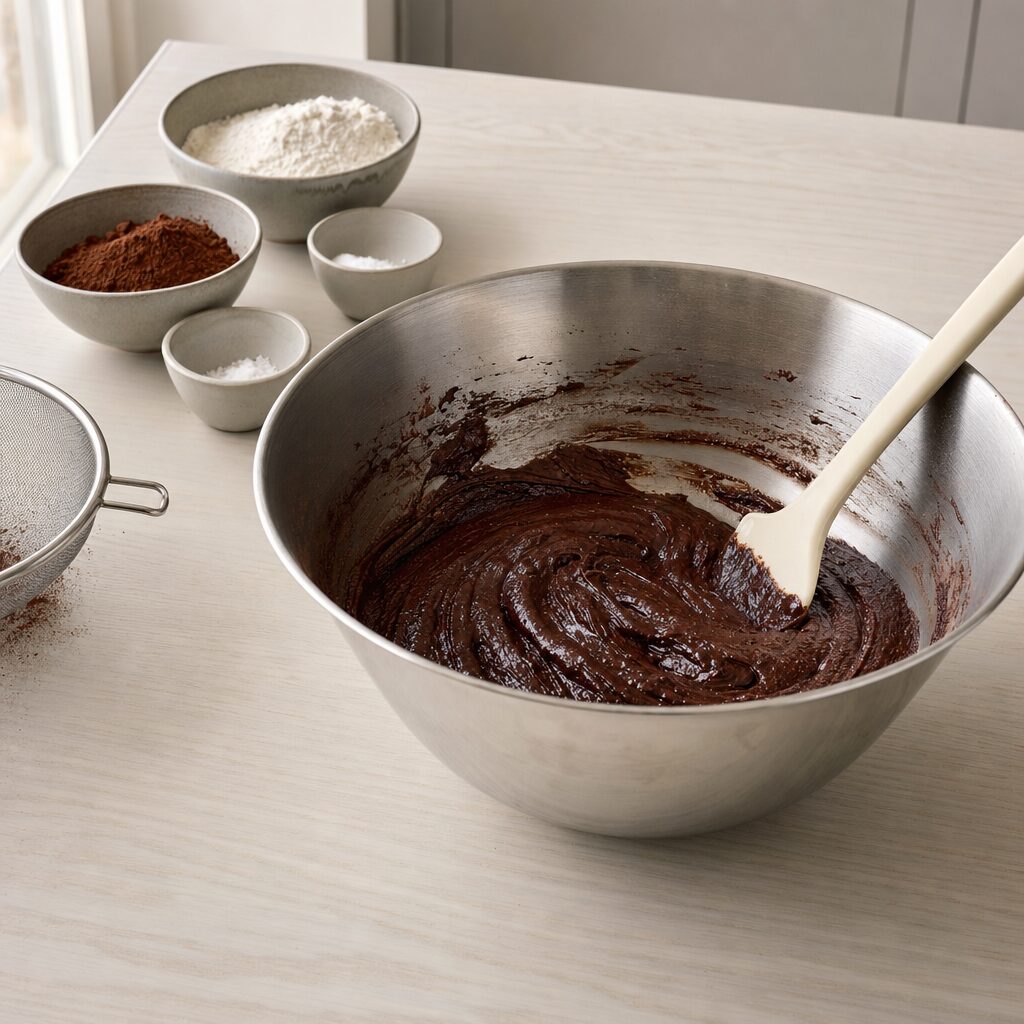 Smeltet chokolade vendes med æggemasse mel kakao vaniljesukker og salt til brownie issandwich i min airfryer
