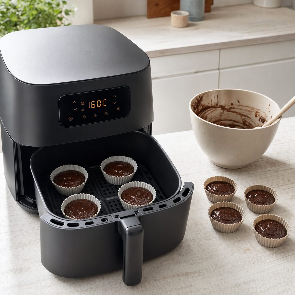 Browniedej fordeles i silikone muffinforme og fire forme placeres i airfryer kurven til min airfryer opskrift