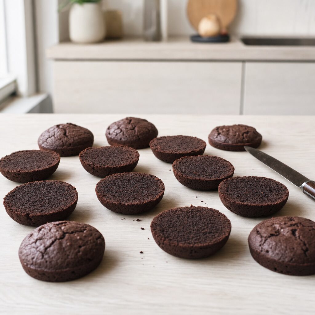 Afkølede brownies halveres vandret til skiver til brownie issandwich i min airfryer opskrift