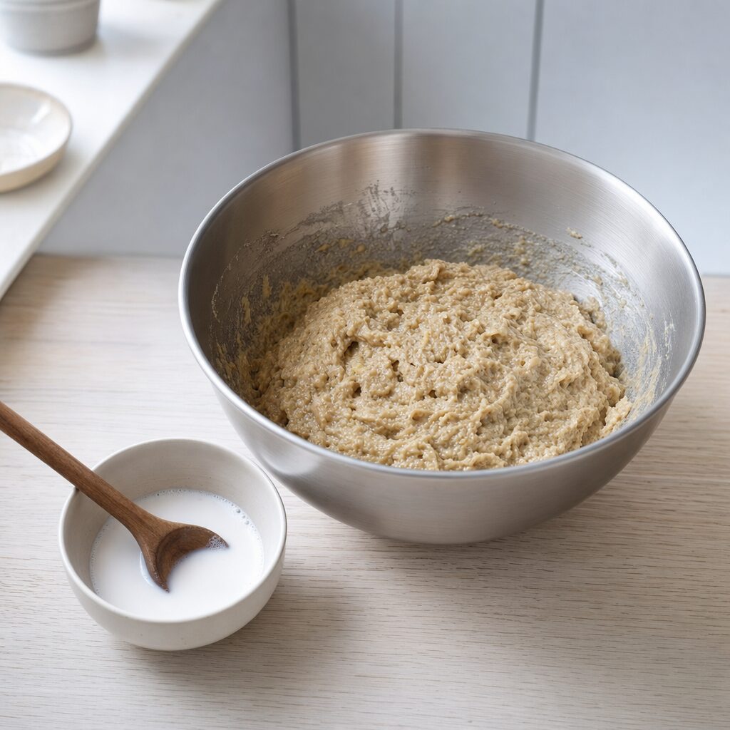 Kokosmælk røres i dejen til cekodok pisang i min airfryer