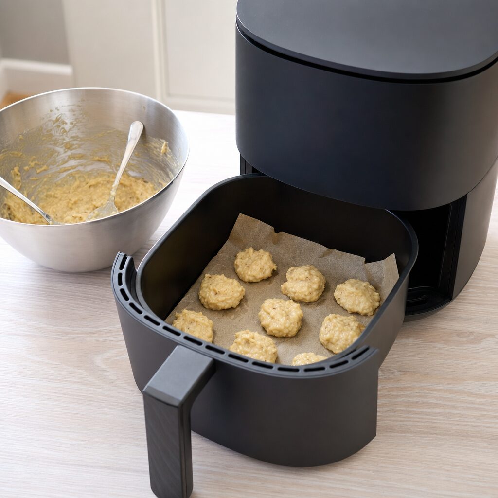 Små boller af banandej formes og placeres på bagepapir i min airfryer