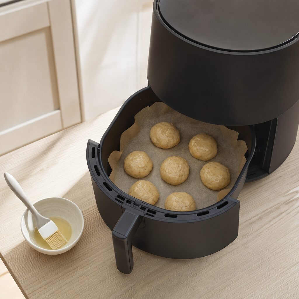 Små boller af banandej pensles med neutral olie før tilberedning i min airfryer