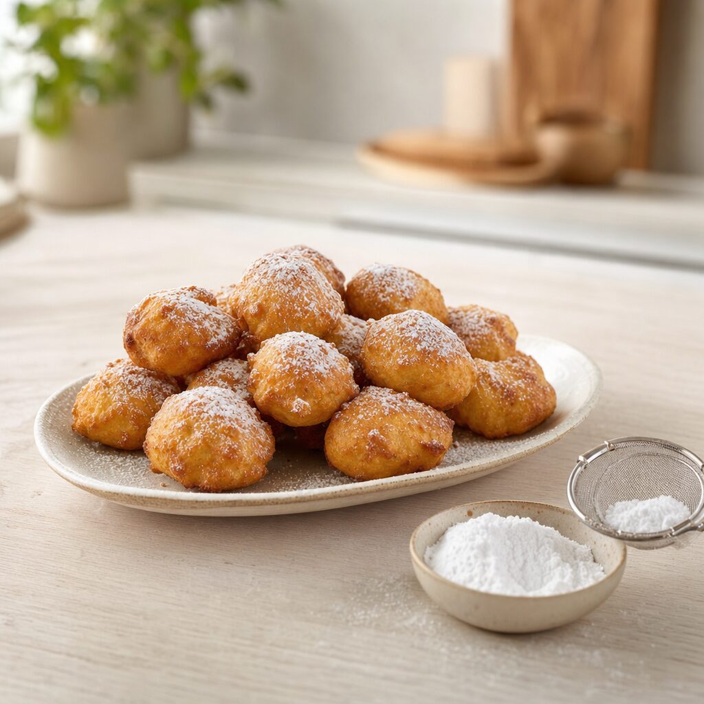 Cekodok pisang hviler og drysses med flormelis før servering