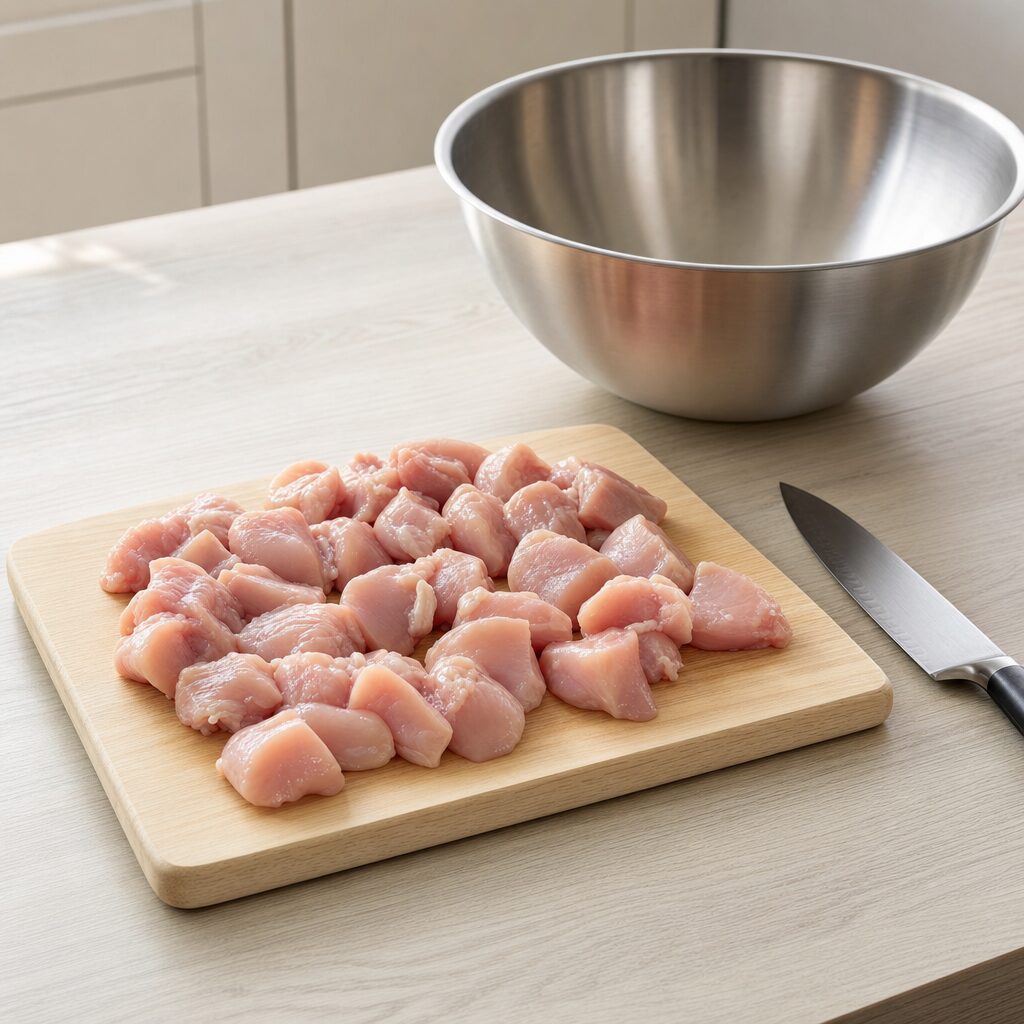 Kyllingelår uden ben og skind skæres i bidder til Chicken Karaage i min airfryer opskrift