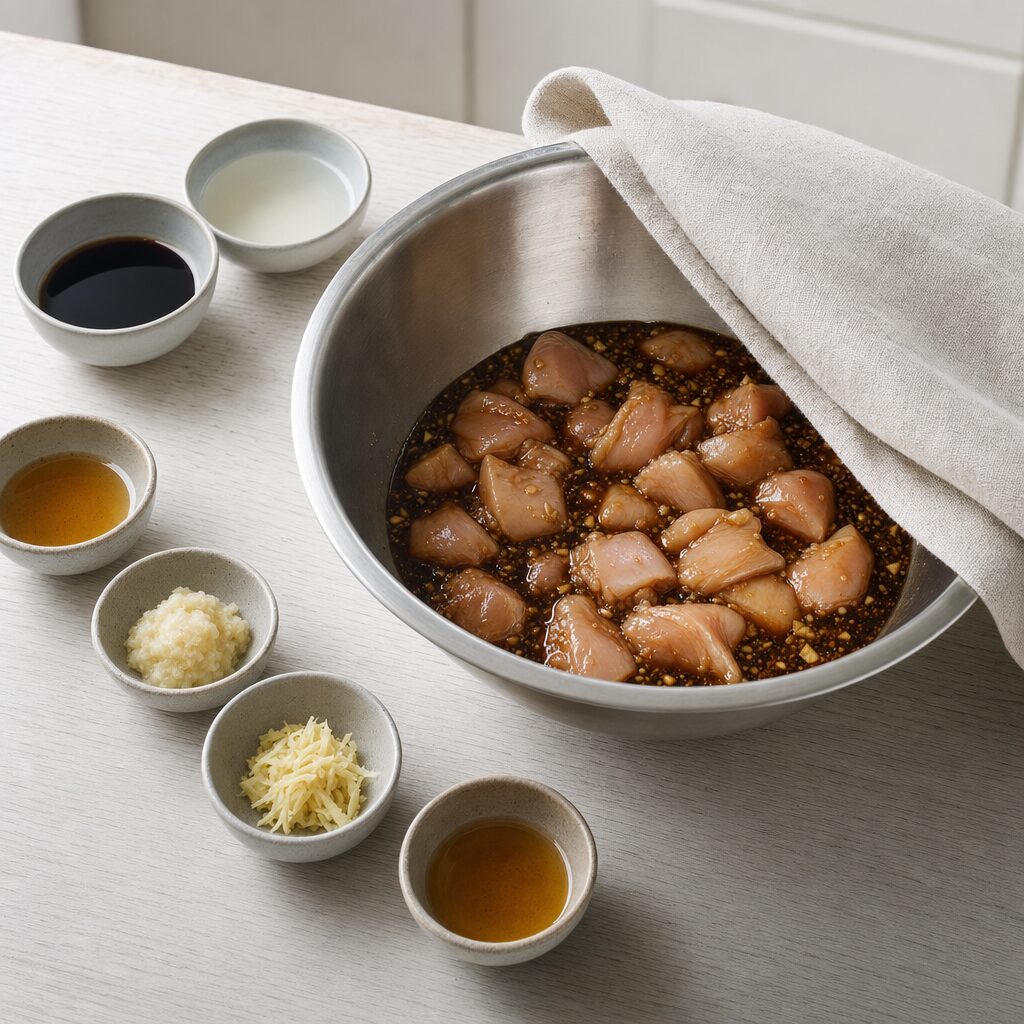 Kyllingebidder vendes i japansk marinade med soja sake mirin hvidløg ingefær og sesamolie til Chicken Karaage i min airfryer opskrift