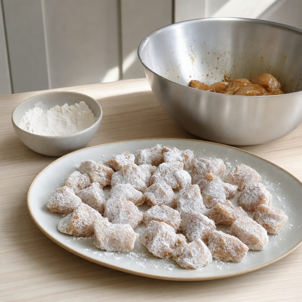 Marinerede kyllingebidder vendes i kartoffelmel og maggiosstivelse til Chicken Karaage i min airfryer opskrift