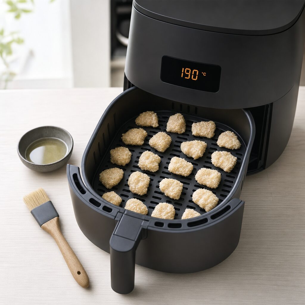 Panerede kyllingebidder lægges i airfryer kurven og pensles med olie til Chicken Karaage i min airfryer opskrift