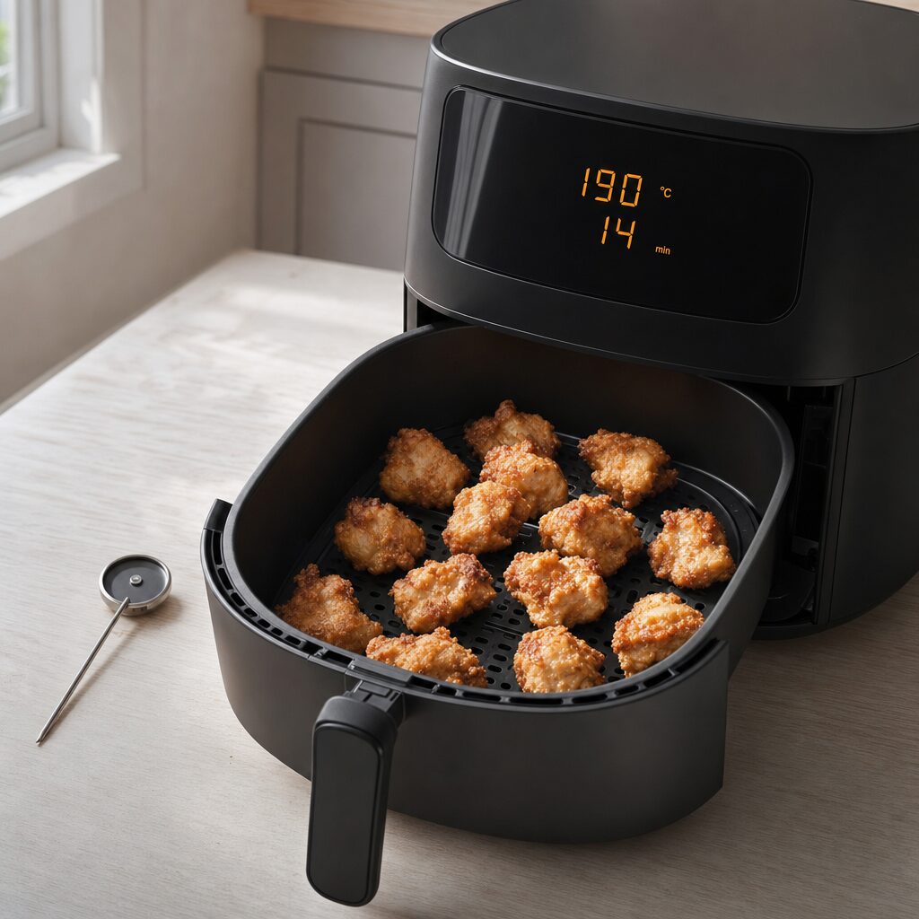 Chicken Karaage vendes halvvejs og tilberedes sprød og gylden i min airfryer opskrift