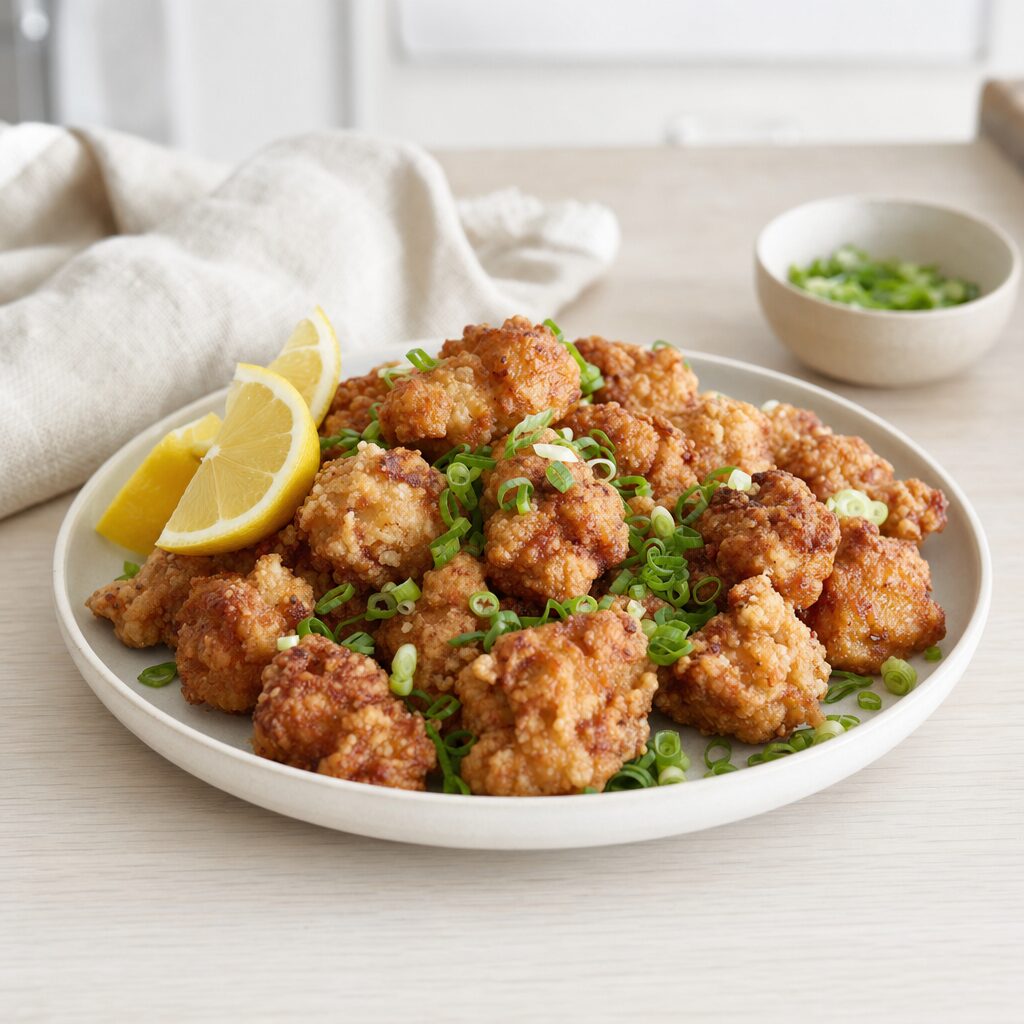 Sprød Chicken Karaage serveres med hakket forårsløg og citronbåde i min airfryer opskrift
