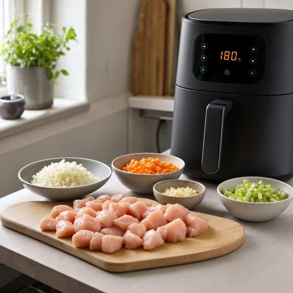Kylling grøntsager og aromater klargøres til chicken pot pie i min airfryer opskrift