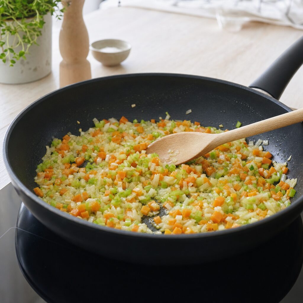 Løg hvidløg gulerod og bladselleri sauteres i smør til chicken pot pie i min airfryer