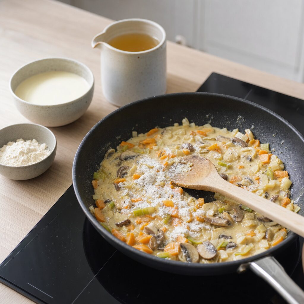 Hvedemel hønsefond og fløde røres i grøntsagerne til cremet chicken pot pie fyld i min airfryer