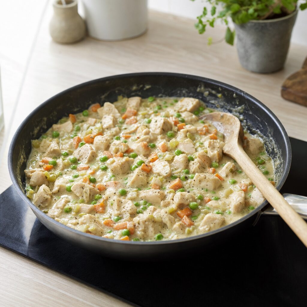 Kylling ærter timian salt og peber vendes i den cremede sauce til chicken pot pie i min airfryer