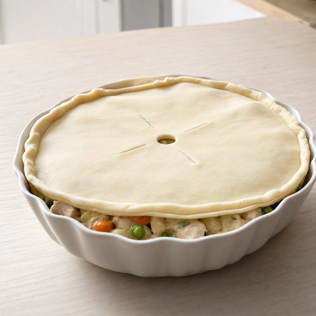 Cremet chicken pot pie fyld fordeles i form og dækkes med butterdej klar til min airfryer