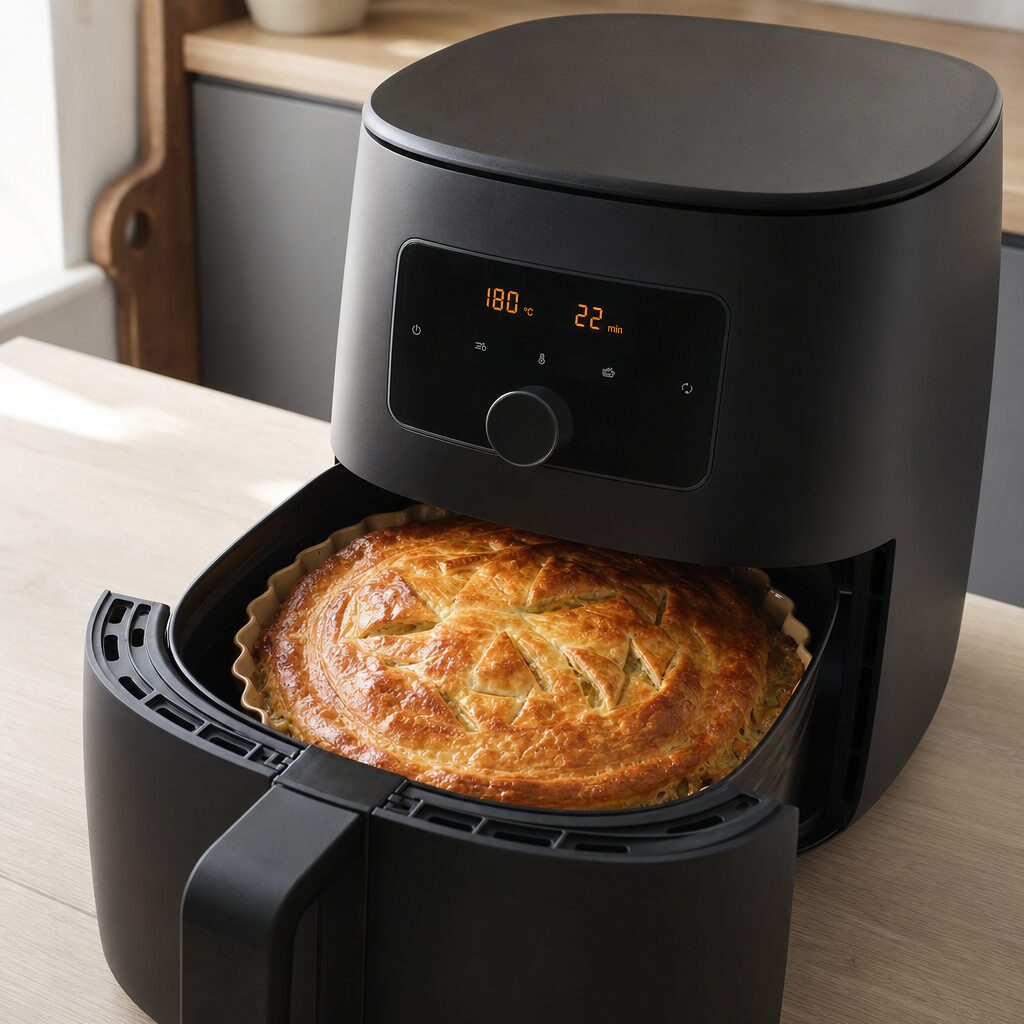 Chicken pot pie med æggepenslet butterdej bages gylden i min airfryer