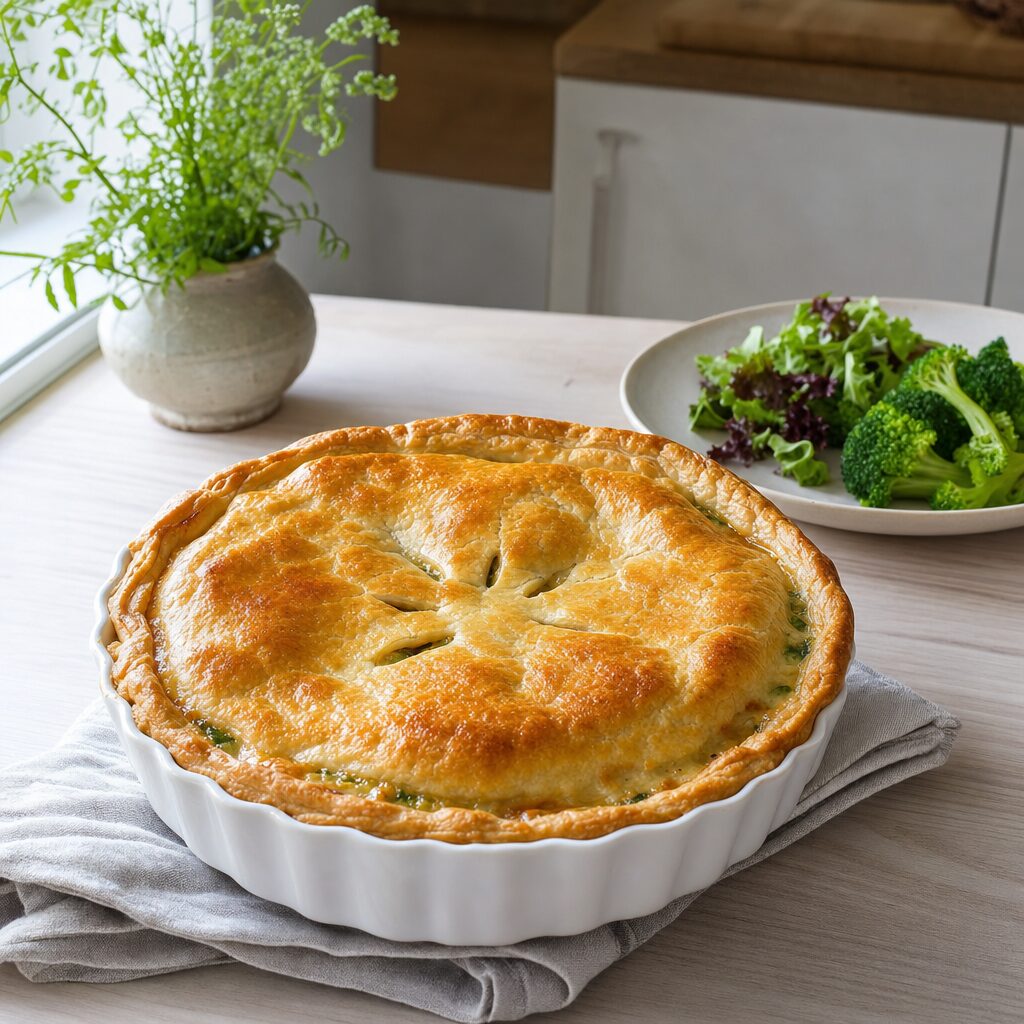 Chicken pot pie hviler i formen og serveres varm med grøn salat eller broccoli i min airfryer opskrift