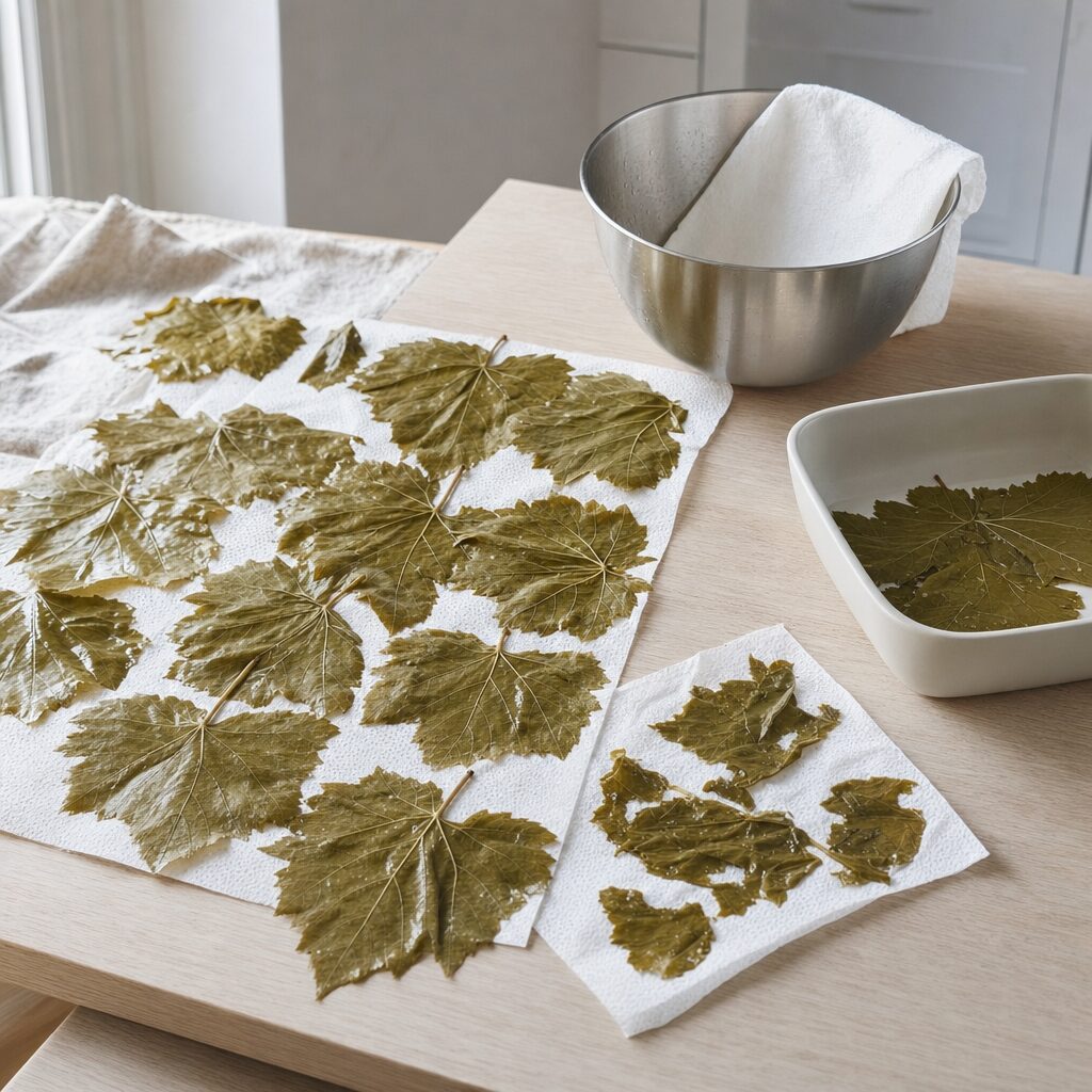 Vinblade skylles og tørres til dolmer i min airfryer opskrift