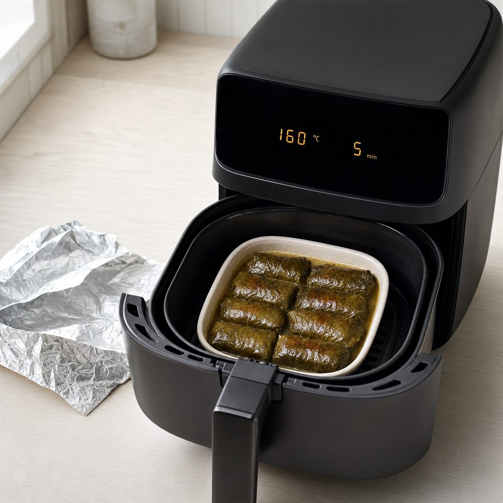 Stanniol fjernes fra lille fad med dolmer og toppen tilberedes let gylden i airfryer